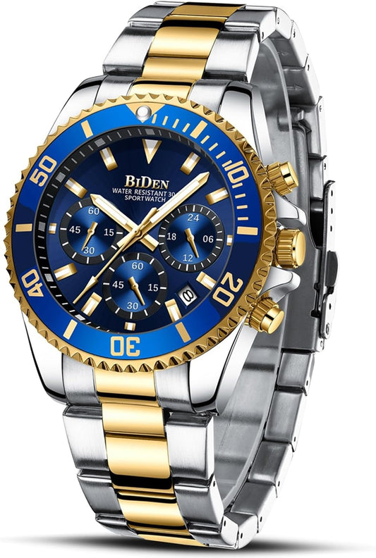 BIDEN Men's Stainless‑Steel Chronograph Quartz Watch – Date & Stopwatch, Waterproof (3 ATM)