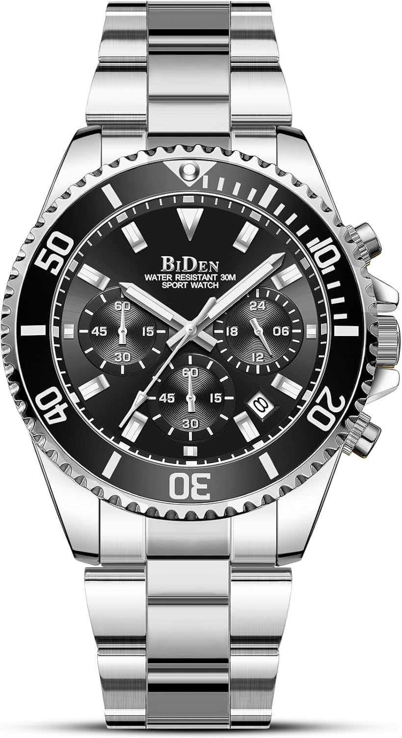 BIDEN Men's Stainless‑Steel Chronograph Quartz Watch – Date & Stopwatch, Waterproof (3 ATM)