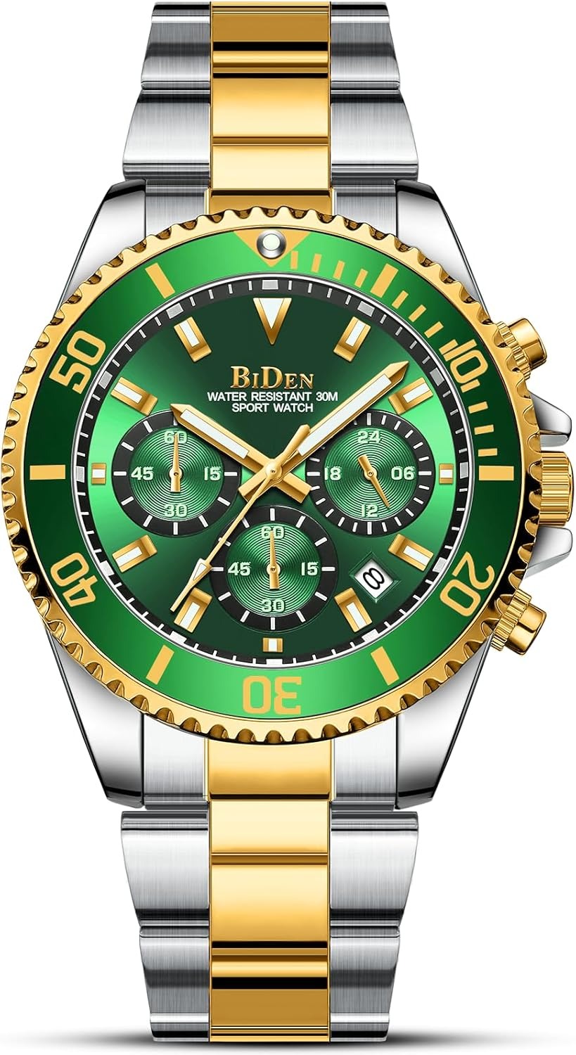 BIDEN Men's Stainless‑Steel Chronograph Quartz Watch – Date & Stopwatch, Waterproof (3 ATM)