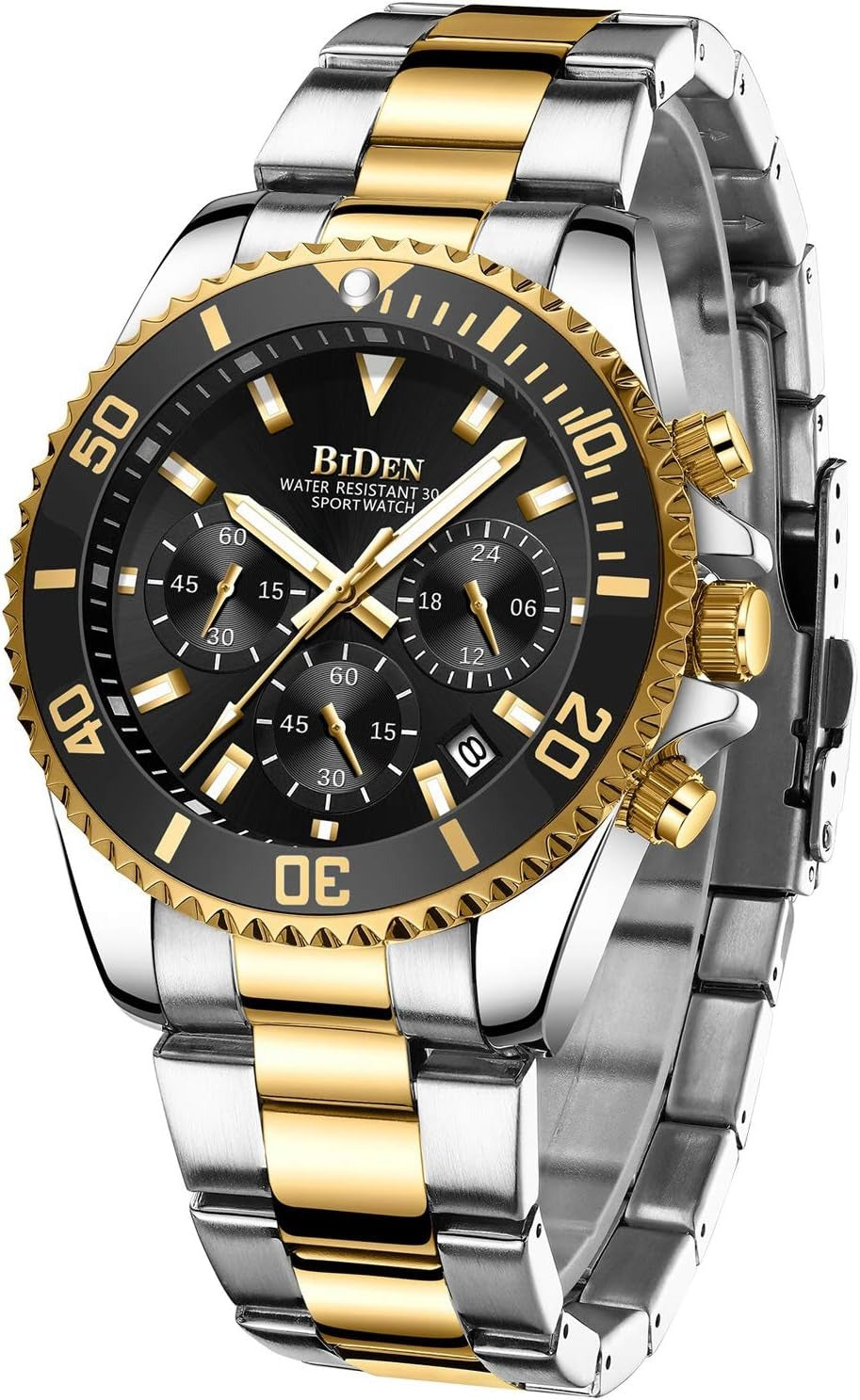 BIDEN Men's Stainless‑Steel Chronograph Quartz Watch – Date & Stopwatch, Waterproof (3 ATM)