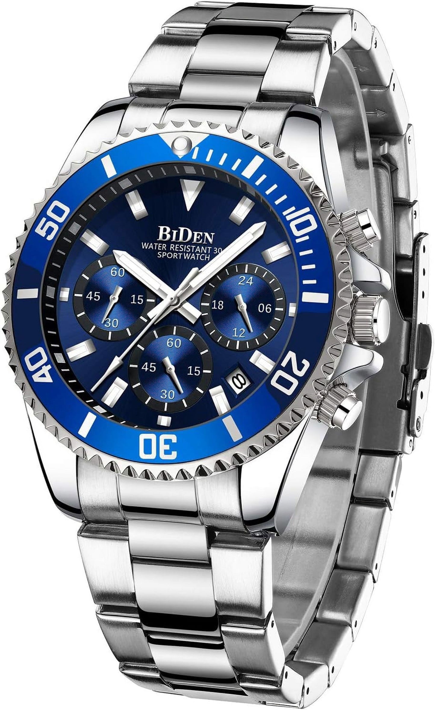 BIDEN Men's Stainless‑Steel Chronograph Quartz Watch – Date & Stopwatch, Waterproof (3 ATM)