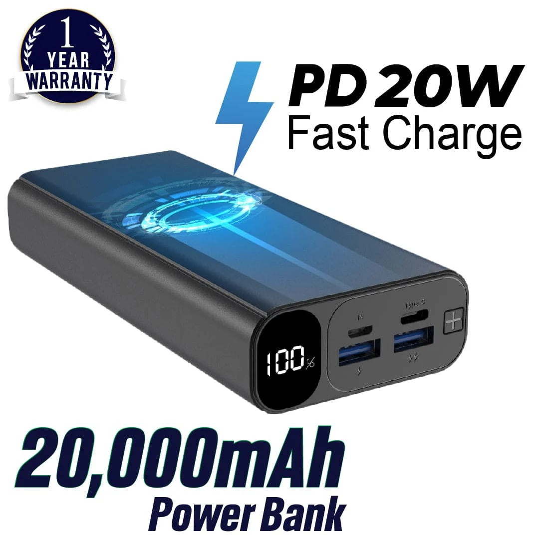 20,000 mAh Fast Charging Power Bank – High-Capacity Portable Charger for Smartphones, Tablets, & More